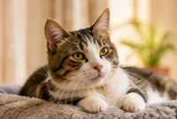A relaxed tabby cat lying on a soft round bed