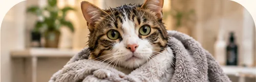 A tabby cat wrapped in a soft grey towel after a bath