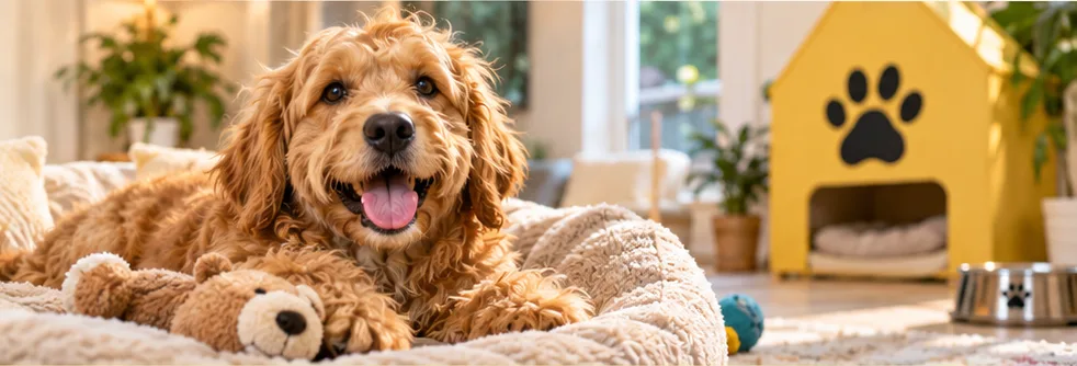 A curly cavoodle lying on a fluffy bed with a teddy bear beside a yellow pet house