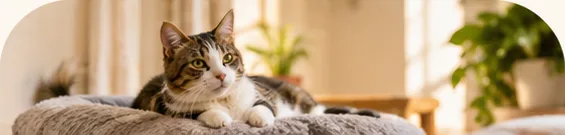 A tabby cat relaxing on a round pet bed in a sunny room