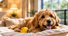 A curly cavoodle lying on a soft bed in the Standard Suite
